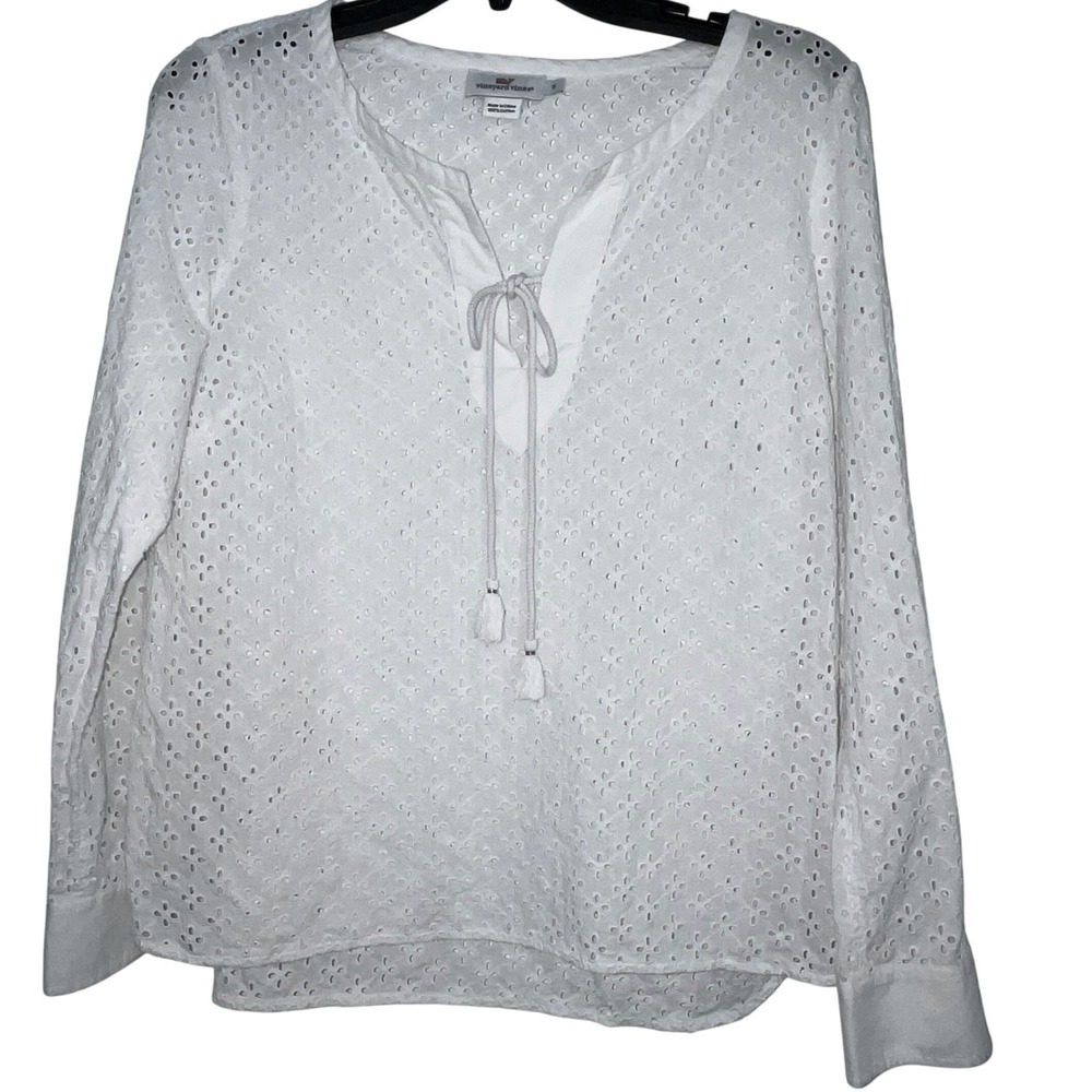 Vineyard Vines Eyelet Embroidered Tie-Front Top Women Small White V Neck Tassels